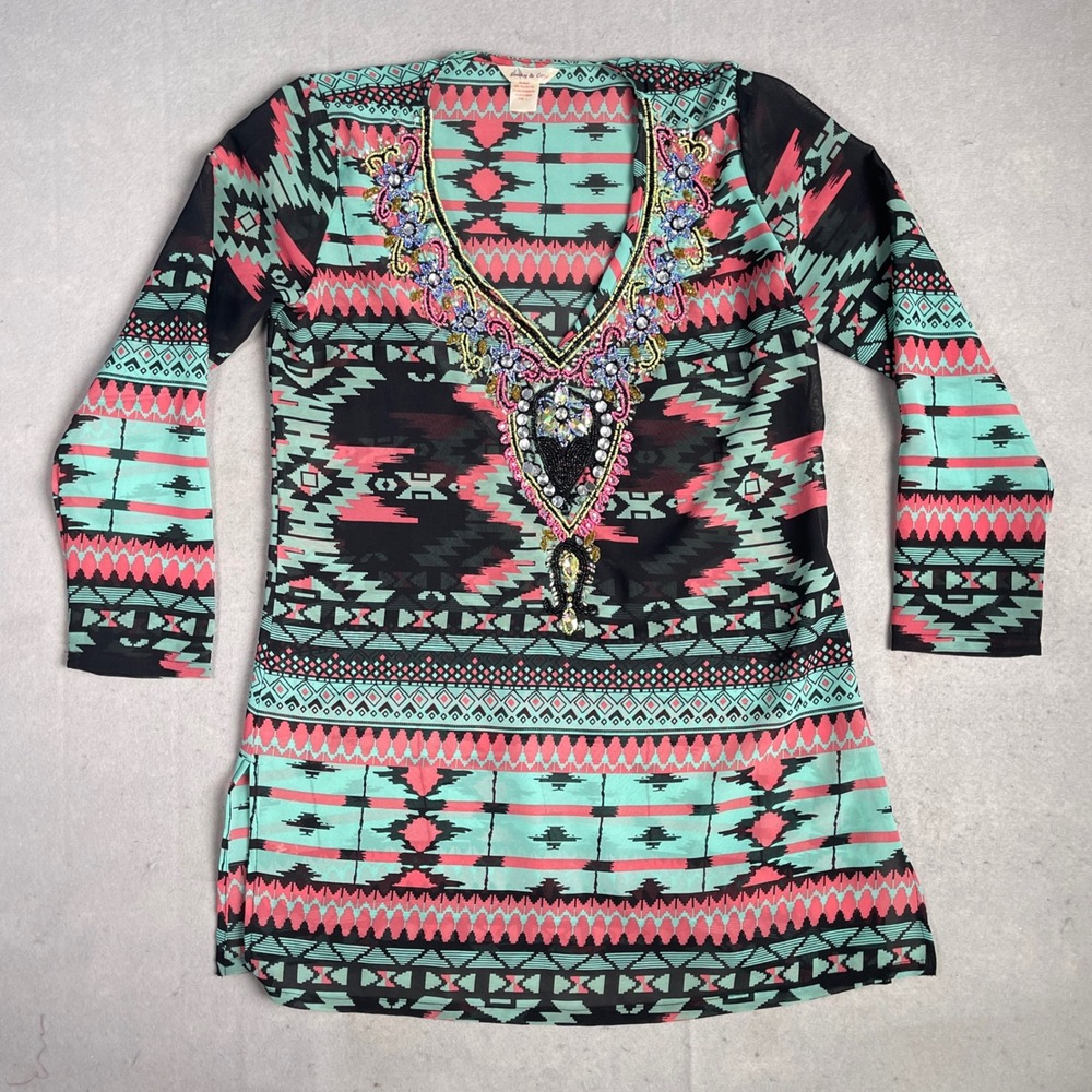Lucky & Coco Beaded Tunic Top Aztec Print Bohemian‎ Blouse Size L
